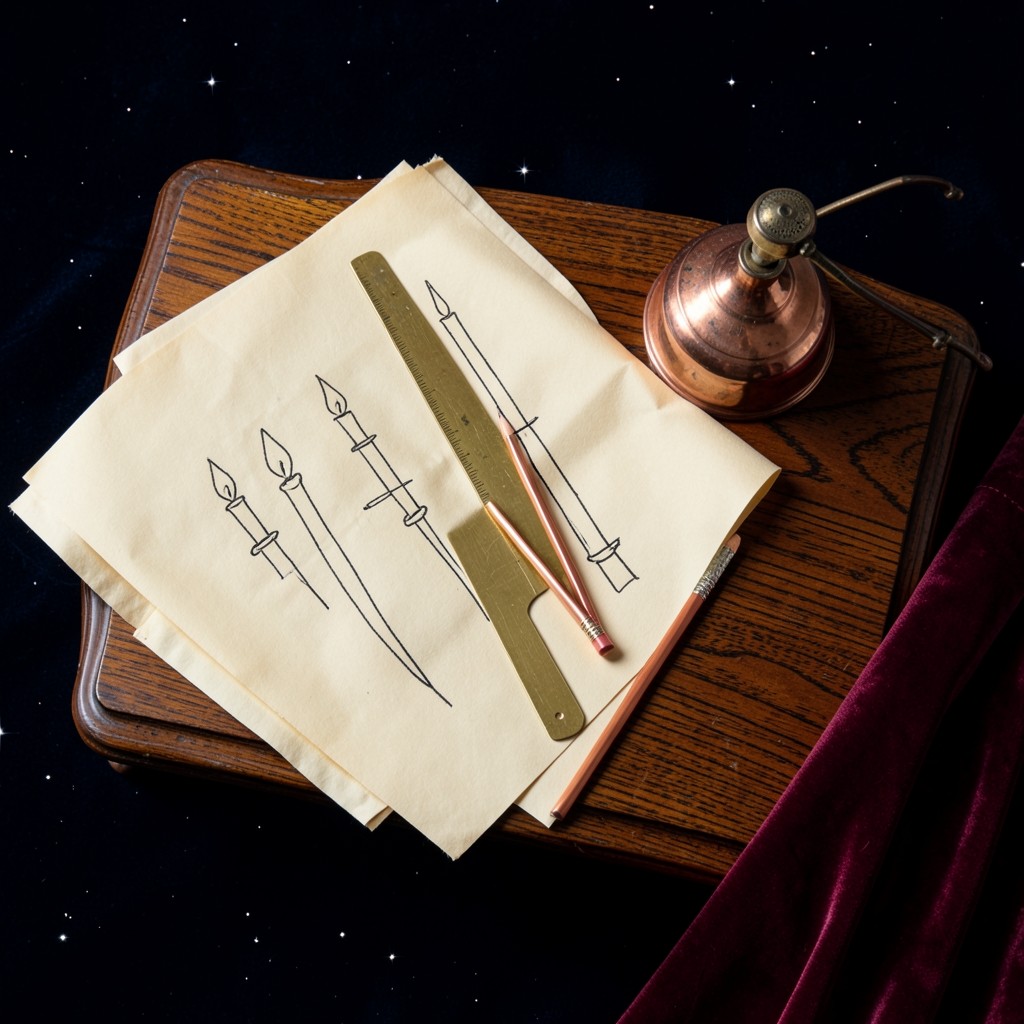 Overhead view of the chart desk with paper charts, a ruler, and a copper lamp