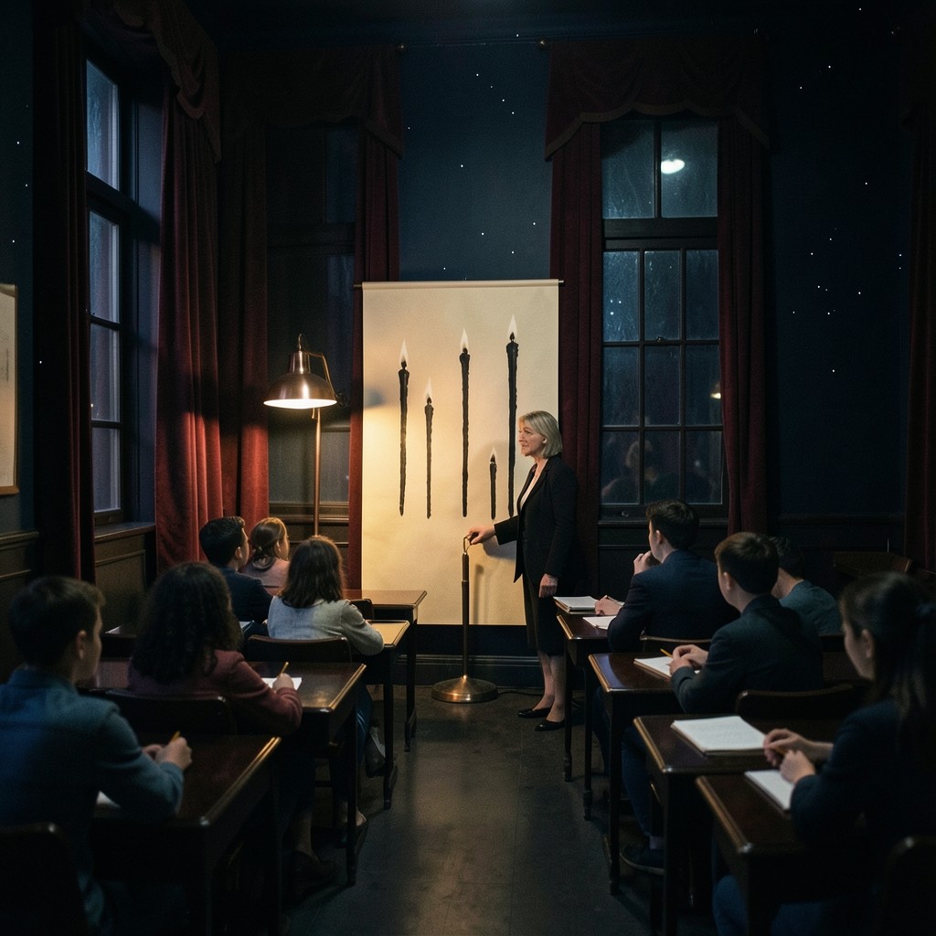 Instructor beside a large paper price chart in a dim velvet classroom