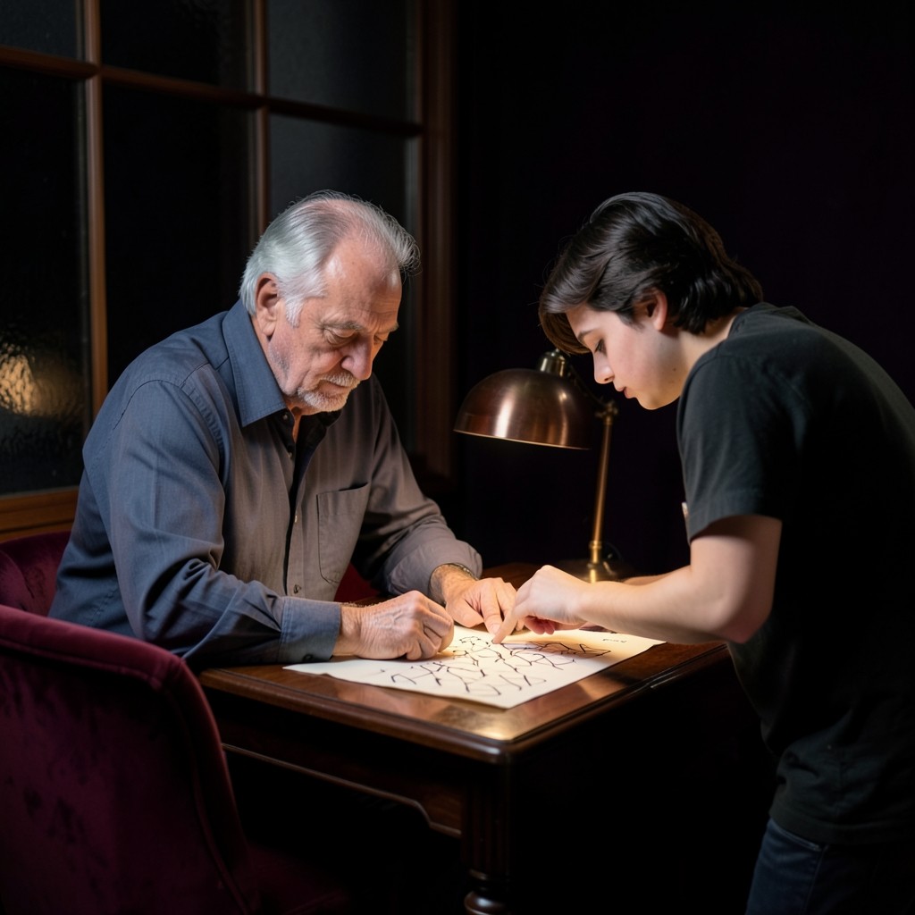 Tutor and student reviewing a single printed chart at a small desk