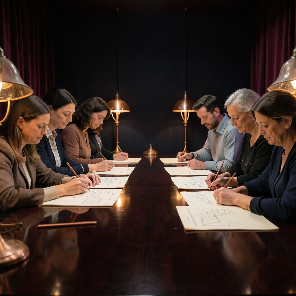 Students drawing chart patterns at a long lacquered table